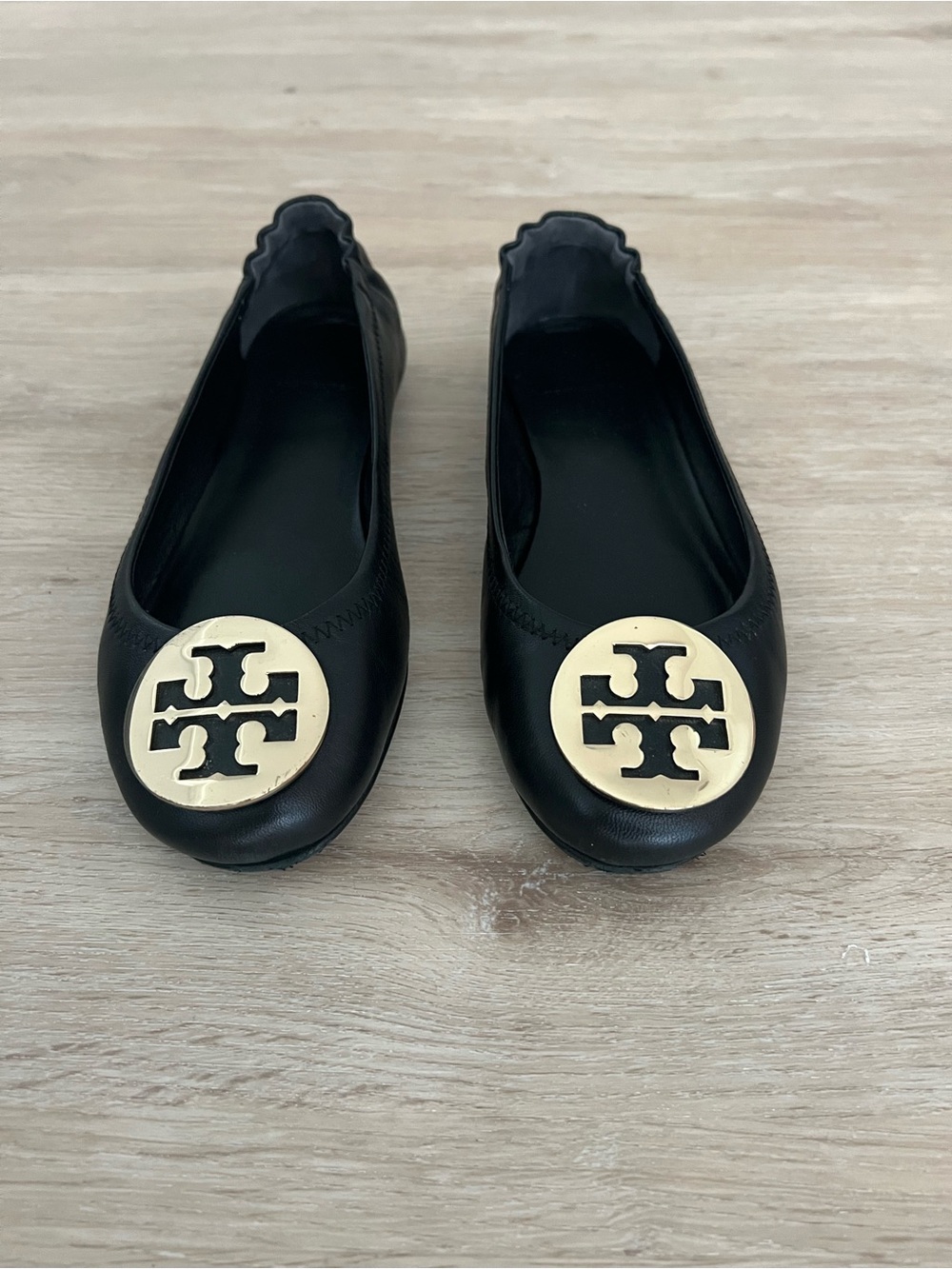 Tory Burch Black Leather Logo Medallion Flats